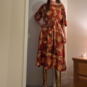 Natori Shugo Red and Orange Cotton and Silk Floral Midi Dress NWT